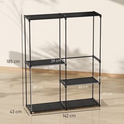 Draagbaar Kledingrek - Metalen Frame + Stofplanken - Ruim & Mobiel - Metaal & Stof - Zwart — thumbnail 2