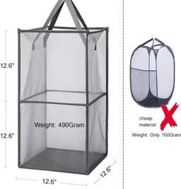 Wasmand - Mesh Wasmand - Waszakken - Draagbare Opvouwbare Mand - Wasmand Zwart - Dubbellaags Gaas Handvatten - Perfect voor Wasgoed - Kinderkamer - Studentenhuis - Reis - Feestdecoratie - Kerst （33x33x66cm） — thumbnail 4