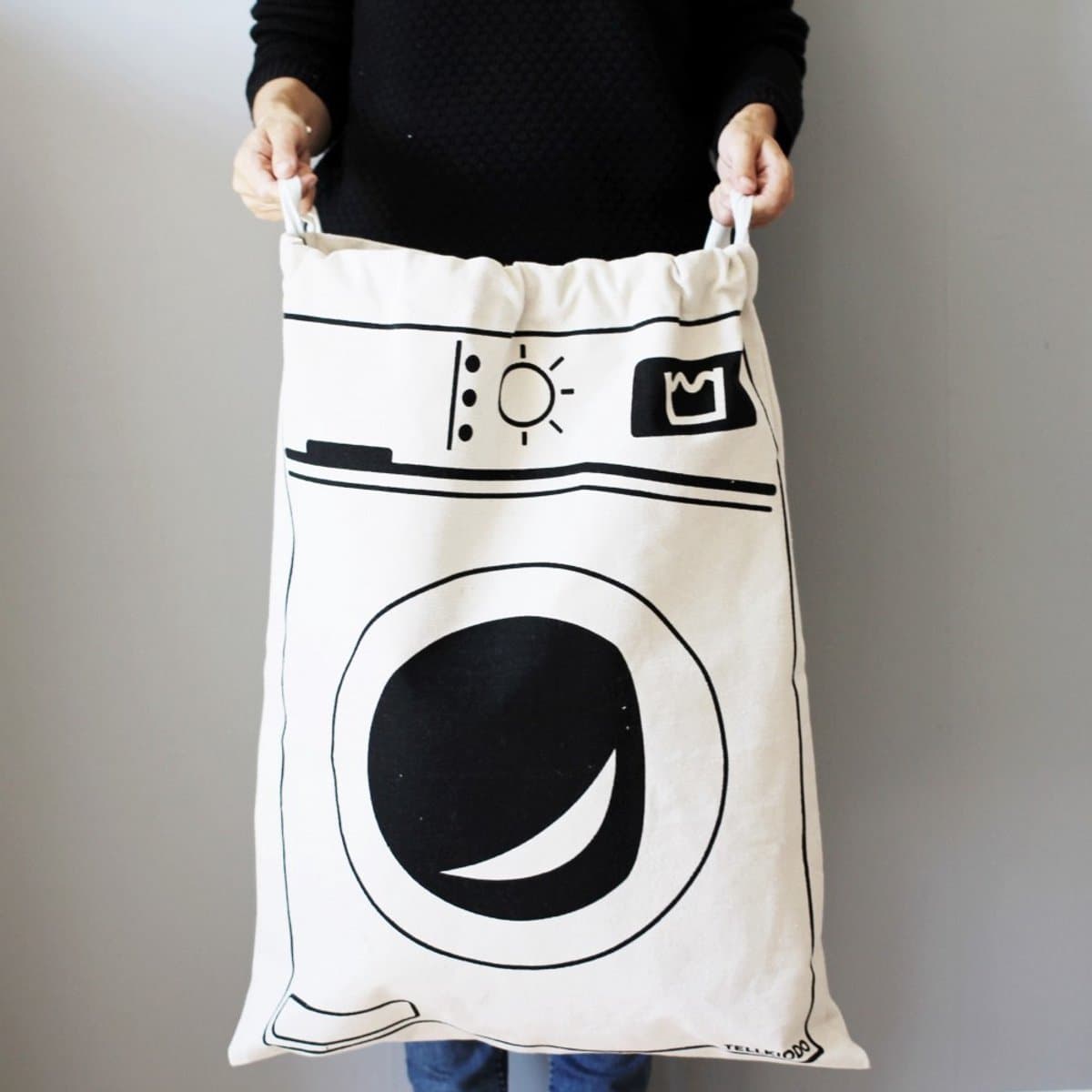 Waszak - Wasgoed Opbergtas met Trekkoord - Badkamer Was Zak - Laundry Bag - wit-zwart -met Wasmachine Print- 65 x 47 cm — afbeelding 1