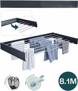BAUER & MEYER® Wanddroogrek XXL 116cm - Droogrek Inklapbaar - Incl. 10 wasknijpers + 1x wasmand - Wasrek - 8.1 Meter drooglengte - Zwart — thumbnail 1