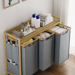 Xbro Wasmand 3 vakken – 125L/mand – Stoffen Wassorteerder met Bamboe houten frame – Met 3 zij-opbergvakken – 94 × 33 × 78 cm (B × D × H) — thumbnail 5