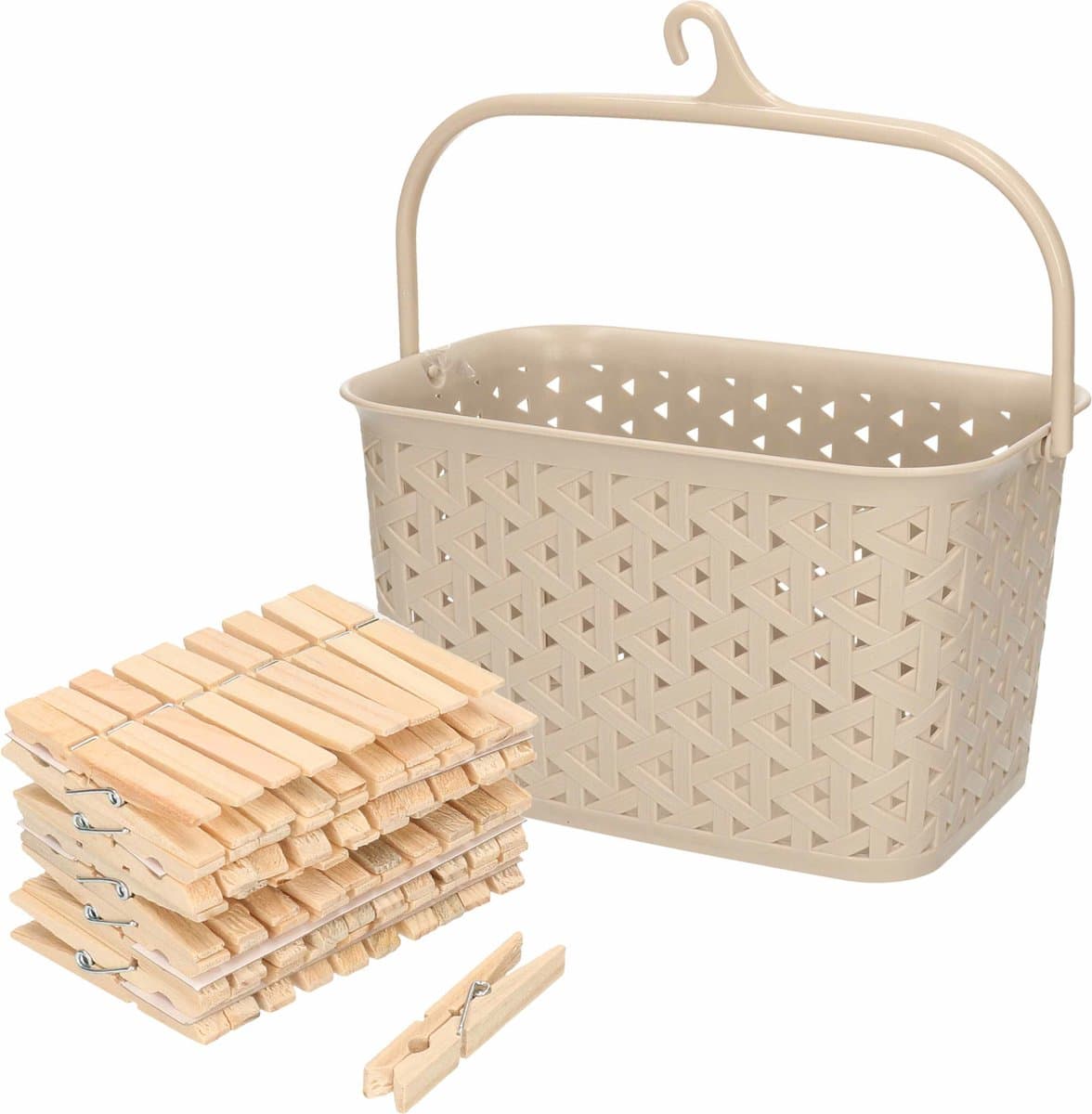 Wasknijpers mandje met ophanghaak - beige - gevuld met 100x houten wasknijpers van 7 cm - was ophangen — afbeelding 1