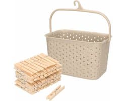 Wasknijpers mandje met ophanghaak - beige - gevuld met 100x houten wasknijpers van 7 cm - was ophangen — afbeelding 1