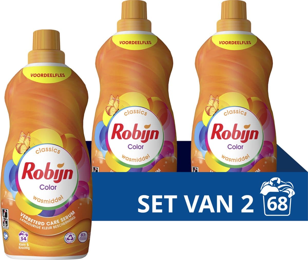Robijn Klein & Krachtig Classics Vloeibaar Wasmiddel - Color - met Care Serum - 2 x 34 wasbeurten - Voordeelverpakking — afbeelding 1