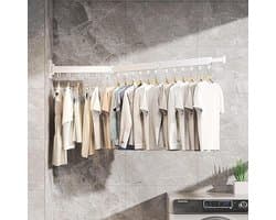 droogrek voor kleding aan de muur, droogrek voor wasgoed, ruimtebesparend intrekbaar klerenhangerrek, opvouwbaar kledingrek voor balkon, wasserij, badkamer, patio (wit) — afbeelding 1