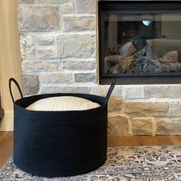 Wasmand, gevlochten opbergmand, grote katoenen mand, handdoekmand voor badkamer, mand voor dekens woonkamer, kussens, babyspeelgoed, opbergmand, 55 x 35 cm, rond, zwart — thumbnail 4