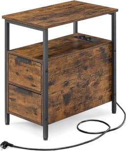 VASAGLE Bijzettafel, nachtkastje met stekkerdoos, 2 laden, salontafel, nachtkastje voor woonkamer, slaapkamer, vintage bruin-klassiek zwart LET325B01 — thumbnail 1