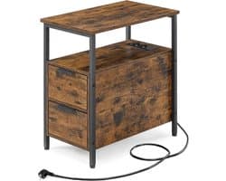 VASAGLE Bijzettafel, nachtkastje met stekkerdoos, 2 laden, salontafel, nachtkastje voor woonkamer, slaapkamer, vintage bruin-klassiek zwart LET325B01