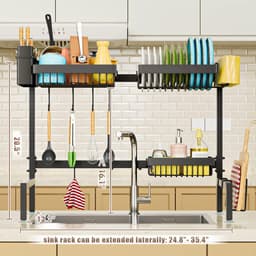 2-laags uitschuifbaar metalen groot afdruiprek voor boven de gootsteen, keuken afdruiprek, ruimtebesparend, 24,8-35,4 inch. — thumbnail 2