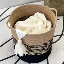 Veelzijdige Katoentouw Geweven Opbergmand met Handvatten - Perfect voor Speelgoed, Was en Schoenen - 35 cm Diameter x 40 cm Hoogte-bruin/zwart — thumbnail 5