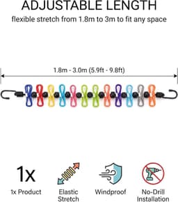 Wasband voor camping en reizen, 1,8-3 m uittrekkbaar met 12 clips, elastische camping wasband, winddicht zonder boren voor tent, caravan en balkon — thumbnail 3