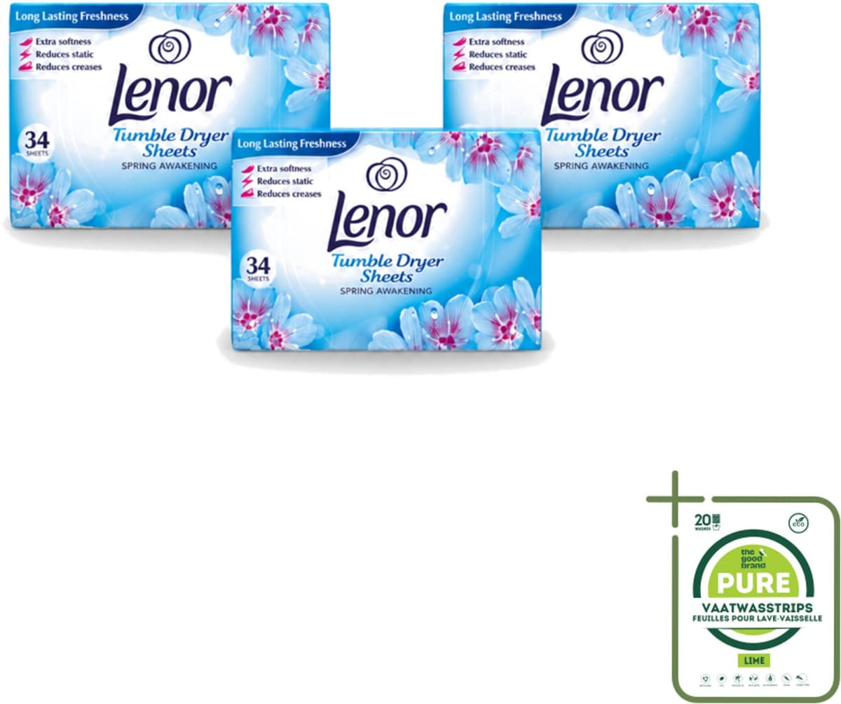 3 x Lenor - Droogtrommeldoekjes - Spring Awakening - 34 Doekjes - Grootverpakking - Vaatwasstrips - Droogtrommeldoekjes - Voorjaar Geur - Droogtrommel Geur - Kleding Fris - Statische Elektriciteit — afbeelding 1