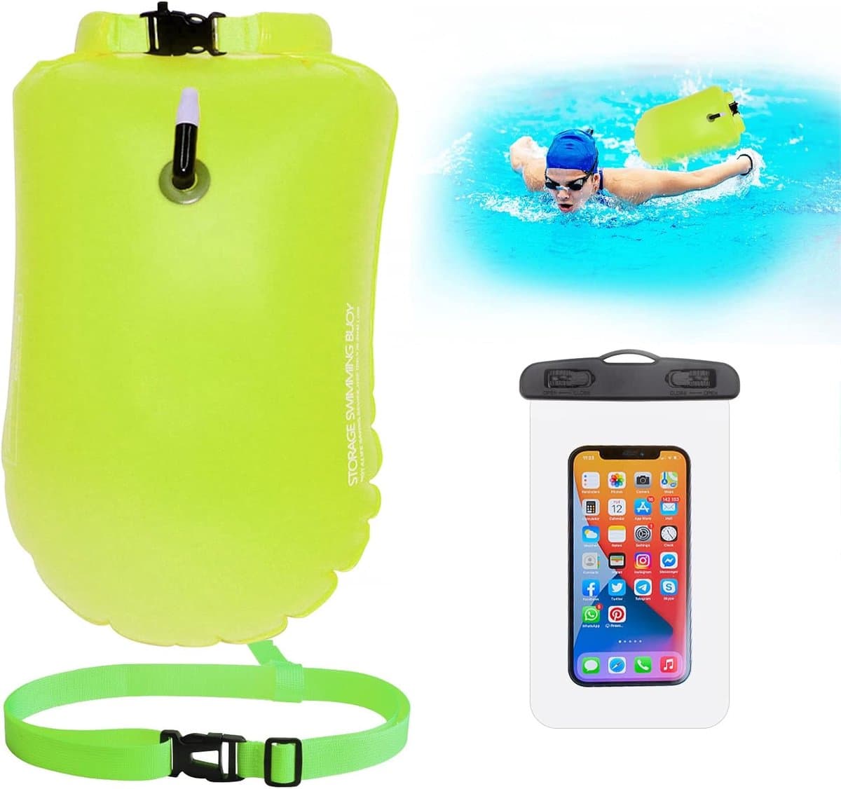 Vlotter Droog Zak, 20L Wild Swimming Float en Waterdichte Telefoonhoes,Opblaasbare Droge Tas,Voor Open Water Zwemmen Sport Kajakkers Triatleten Zwemmer Snorkelaars,Zwembel Zichtbaar (Geel) — afbeelding 1