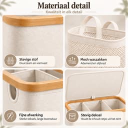 YYchan Wasmand 3 Vakken-Wasmand Met Deksel-Wassorteerder Bamboe-Oxford-Stof-Laundry Basket-Classificatielabel-Beige-160L — thumbnail 4