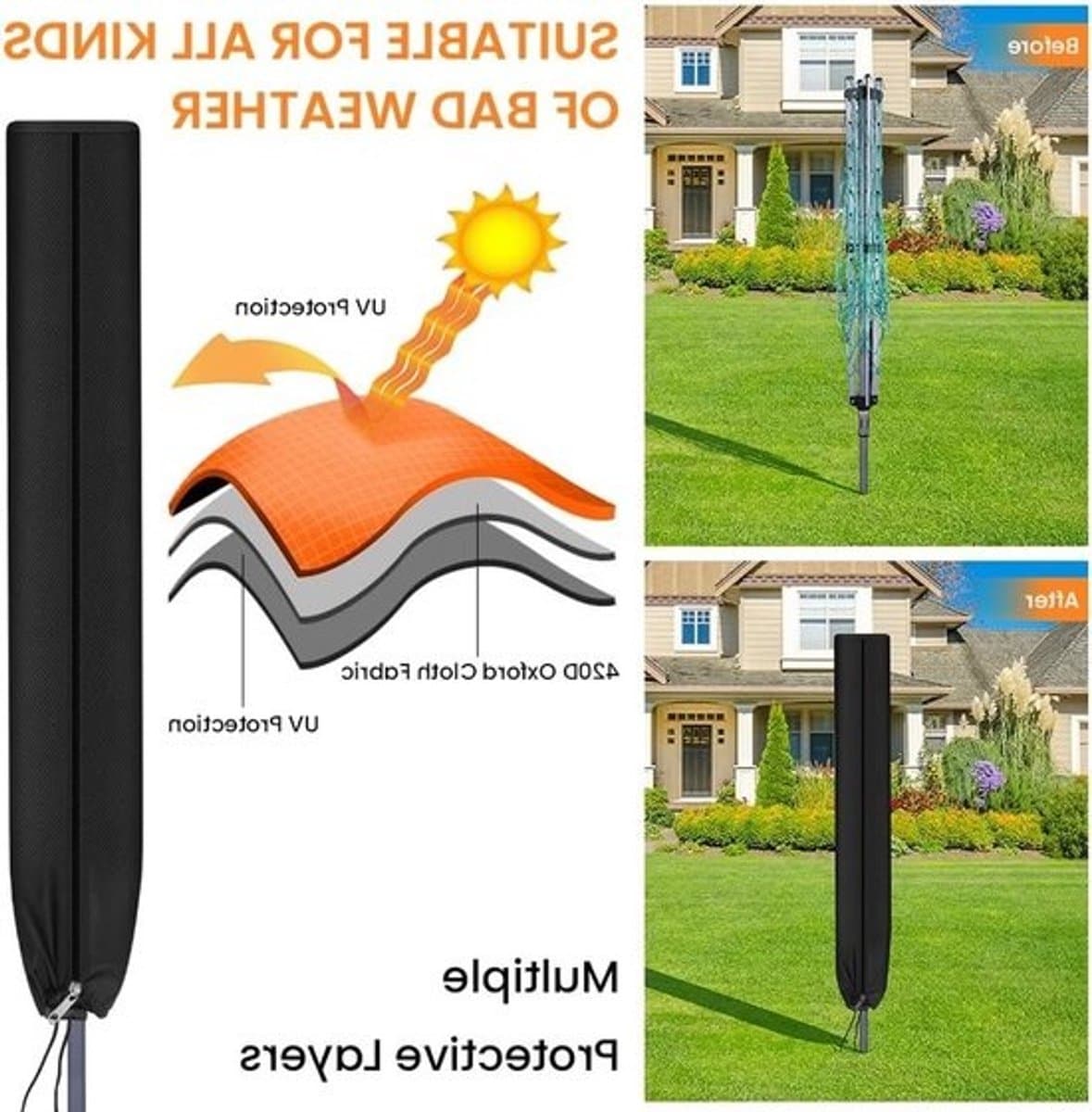 Beschermhoes voor draaitumbler - 420D waterdichte hoes met rits en trekkoord - Weerbestendige bescherming voor tuindroger en droogrek, 180 x 18 x 18 cm — afbeelding 1
