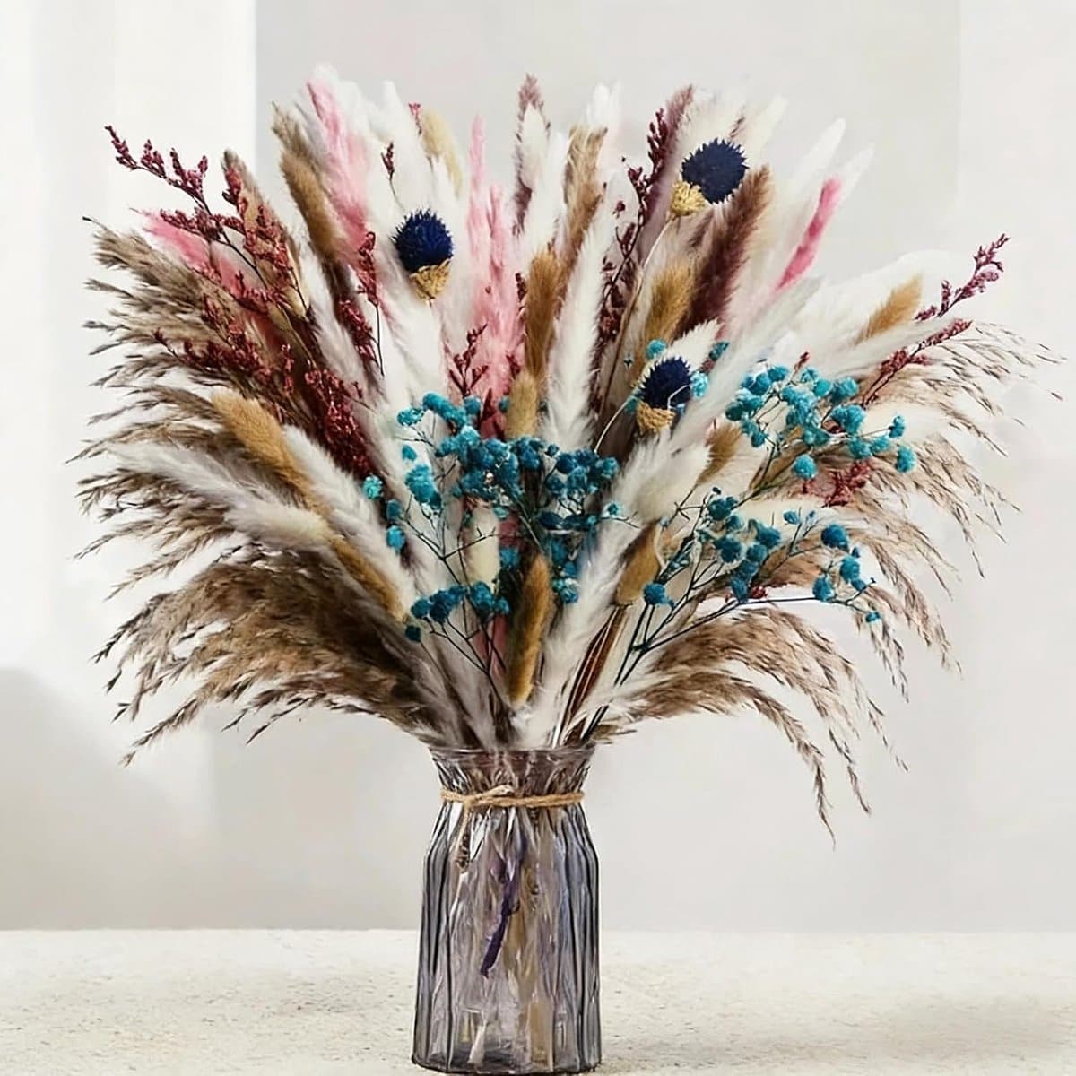 Gedroogde bloemen, 44 cm, boho-decoratie met sluier, Bunny-Tails, gedroogde bloemen, bruin pampasgras, decoratie voor woonkamer, hal, eettafel, badkamer, decoratie — afbeelding 1