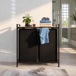 Zeo Wood Wasmand 2 Vakken – 123L Grote Wassorteerder – Dubbele Wasmand met Uitneembare Waszakken – Wasbox met Opbergrek – 66 x 36 x 70 cm – Zwart/Hout — thumbnail 5