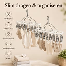Bobypet - Droogrek - Sokken drogerrek - 2 Stucks - Winddicht & Roestvrij - Wasrek met Knijpers - 360° Draaibaar Droogrek RVS - Voor Sokken & Ondergoed - Wit — thumbnail 5