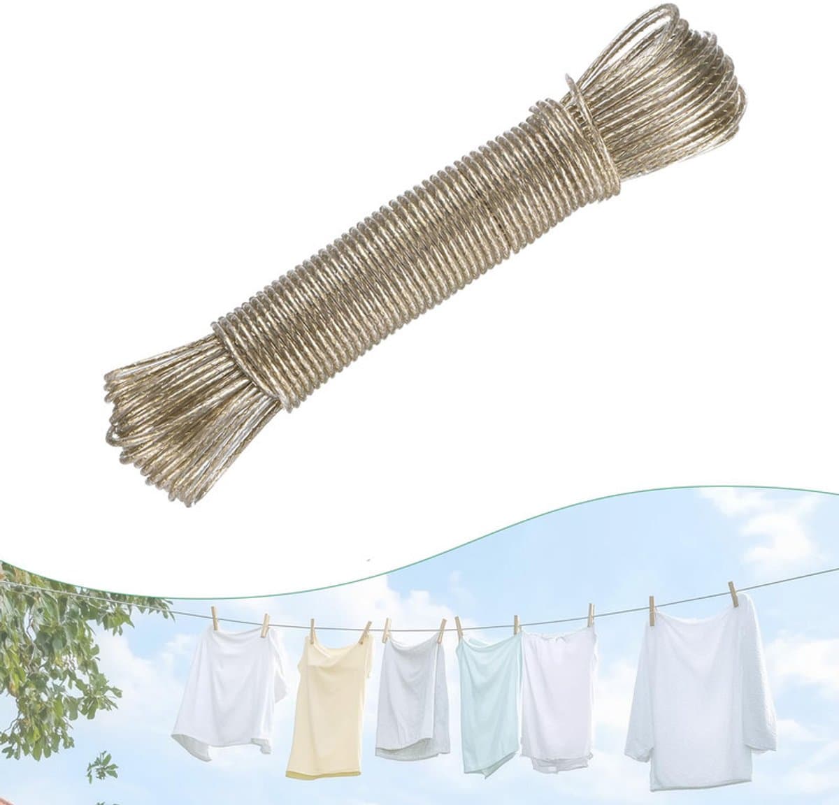 Waslijn Camping- Waslijn- Drooglijnen- Stalen draadkabel - Waslijn voor het drogen van kleding en beddengoed - Waslijn met stalen kern - Reiswaslijn - Draagbare waslijn — afbeelding 1