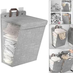 Wasmand (1 stuk) - Opvouwbare wasmand - Wasmand voor vuile was - Hangende wasmand - Opvouwbare wasmand voor huishoudelijk gebruik - Wandgemonteerde badkamerwasmand - Handvat - Ingebouwde waterdichte coating - Grijs - 58*41*15cm — thumbnail 1