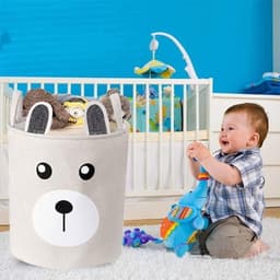 Grote Waterdichte Canvas Opbergmand voor Kinderen - Opvouwbare Ronde Wasmand met Handgrepen - Baby en Kleuters - Beige — thumbnail 2