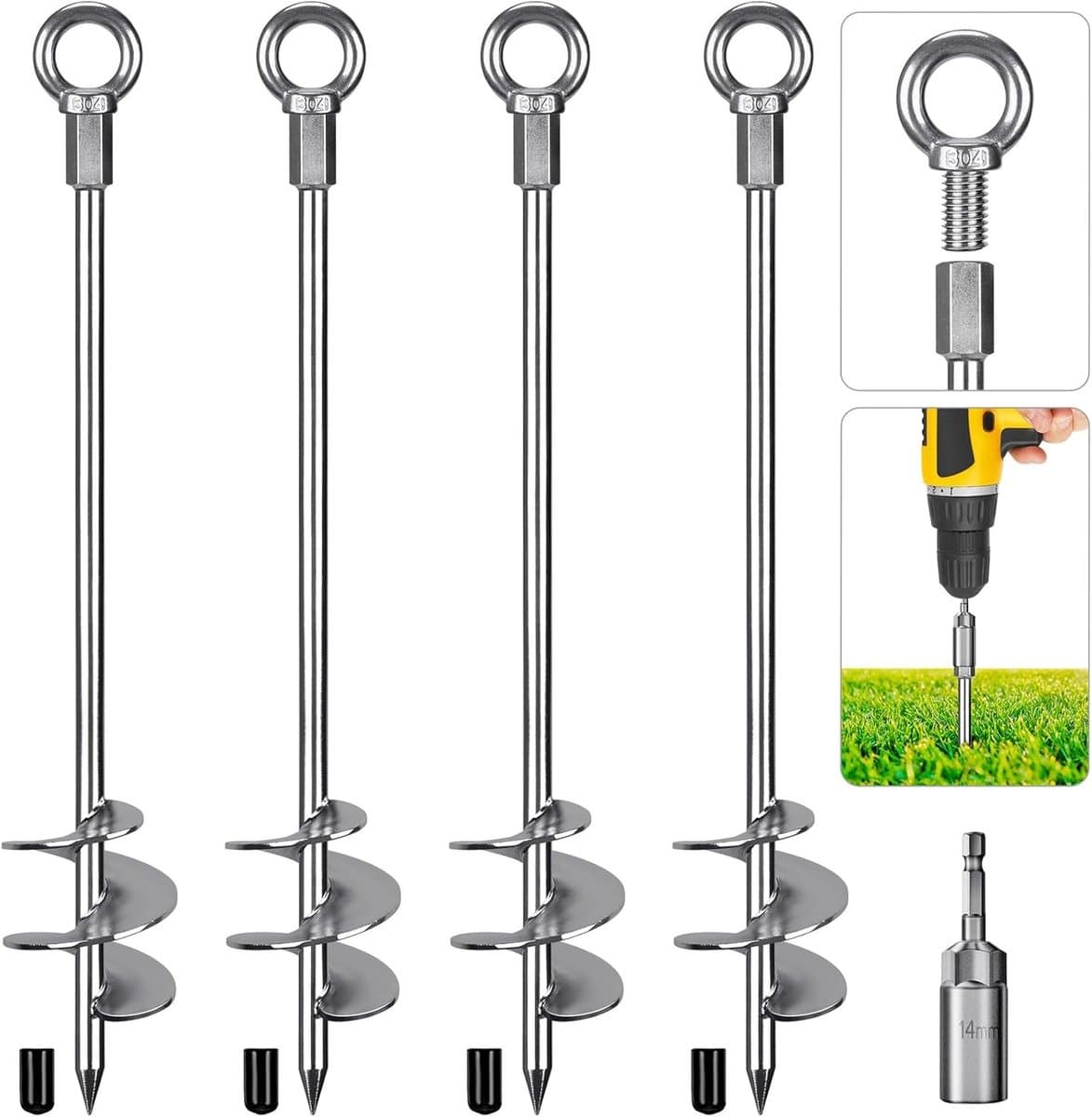 Grondanker - Staal - 76 cm - Spiraalvormig met Vast Oogje - Set van 4 - Voor Camping en Tuin — afbeelding 1