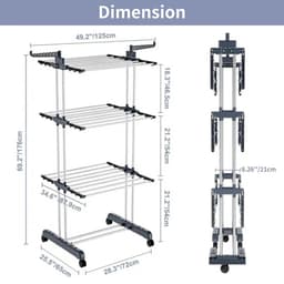 Solidchoice - Dailygoods Droogrek 3-laags verstelbare rollende washanger met opvouwbare vleugels Grote kledingdroger met zwenkwielen — thumbnail 2