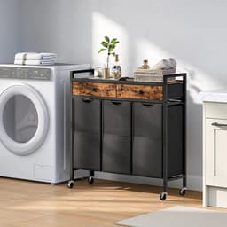 Home & Beyond® Wasmandkast met 3 Vakken en Lades - Wassorteerder op Wielen met Uitneembare Waszakken - Zwart en Vintage Houtlook - 84 x 30 x 96 cm — thumbnail 2
