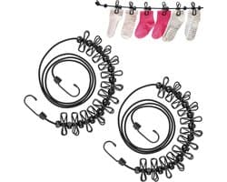 2x draagbare waslijn buiten met knijpers, outdoor-drooglijn elastisch Zwart wasdraad uittrekbaar camper accessoires