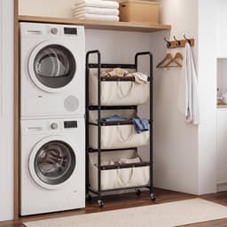 SAYS Wasmand met 3 Vakken, Wasmand op Wieltjes, Organisatie en Opbergruimte voor de Wasruimte, Waskar met 3 Vakken op Wieltjes voor Studentenkamers, Badkamers, Slaapkamers en Kasten, Beige — thumbnail 3