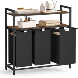 Joorly Wasmand 3 vakken - Wassorteerder - Wasmandtafel - Tafel met 2 planken - Voor Badkamer en Wasruimte - 92,5x33x92cm — thumbnail 1