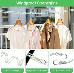 Waslijn, 2 stuks, 8 m, waslijn voor buiten, winddicht, antislip, met haken, draagbaar, nylon, dubbele waslijn, reizen, camping, outdoor — thumbnail 5