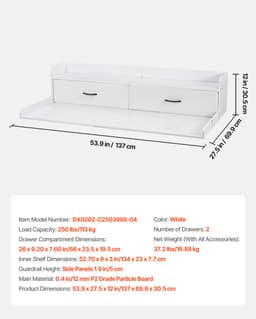 VEVOR Wasmachine en Droger Bovenplaat met Schroef, 137 X 69,9 cm Houten Wassers en Drogers Bovenplaat met 2 Laden & Hooks, Waskamers Bovenplaat voor Waskamers Pantry Counter Organisatie en Opslag, Wit — thumbnail 3