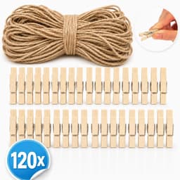 Wasknijpers en 50 m jute touw, kleine houten knijpers als decoratie voor foto's, collages, ansichtkaarten, foto's & geluksgeschenken (120 stuks - met jute lint - naturel) — thumbnail 4