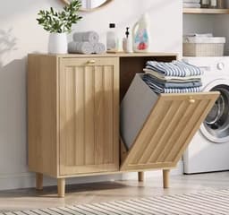 Wasmand Kast Houtlook - Badkamerkast met Kantelbare Wasmand - 2 Deuren - Opbergkast Handdoeken - 69.5 x 35 x 70.5 cm - Max 50kg - Modern Design — thumbnail 5