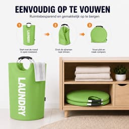 BOTC Wasmand - Waszak - Laundry basket - Wassorteerder - 38x63 cm - waszak vouwbaar - draagbaar wasbox - Groen — thumbnail 2