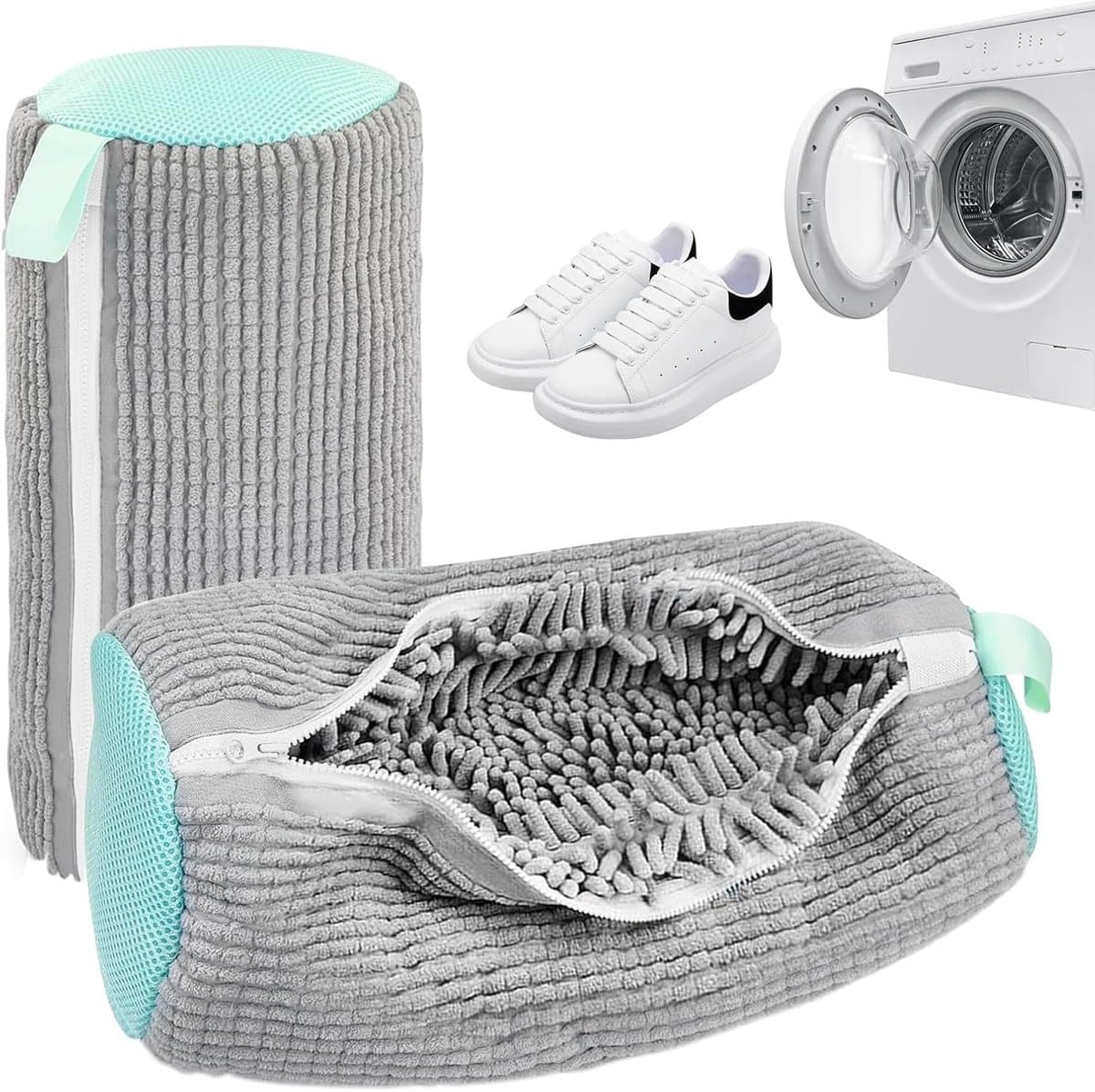 Waszakken voor schoenen, wasmachine, waszak voor schoenen, herbruikbaar, waszakken voor schoenen met ritssluiting, bescherming voor schoenen en kleding (grijs) — afbeelding 1