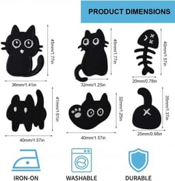 Set van 6 Schattige Zwarte Kat Knijpers, Handige Patches voor Strijken en Naaien, Creatieve Dierlijke Patches voor Kleding en Accessoires — thumbnail 5