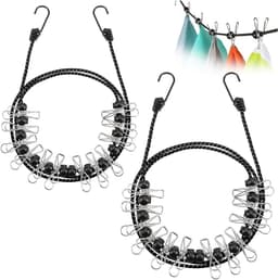 2X reiswaslijn, 180-350 cm per lijn, campingwaslijn | waslijn met elk 12 metalen clips - mobiele waslijn met haak — thumbnail 1