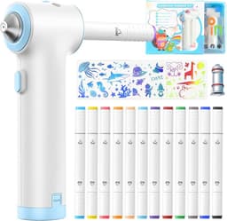 Speed Airbrush Elektrische verfspuitstiften, set van 12 textielmarkers met dubbele punt, 3 sjablonen en 2 sproeikoppen, heldere en rijke kleuren, na fixatie, wasmachinebestendig, textielverf — thumbnail 1