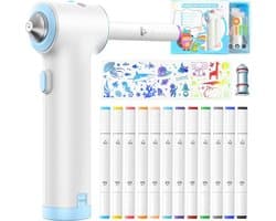 Speed Airbrush Elektrische verfspuitstiften, set van 12 textielmarkers met dubbele punt, 3 sjablonen en 2 sproeikoppen, heldere en rijke kleuren, na fixatie, wasmachinebestendig, textielverf