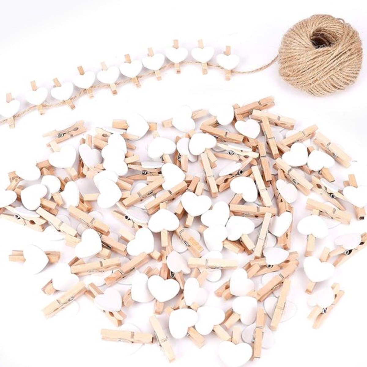 100 Houten Hartvormige Fotoklemmetjes met 30m Touw voor Kaarten, Decoratie en Knutselen — afbeelding 1