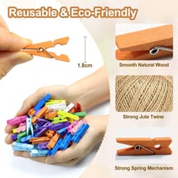 Dailygoods- Mini-houten Klemmen 200 Stuks - Kleine Wasknijpers - Jute Koord 30 m - Kleurrijke Fotoclipset - Robuust Hout - Veilig en Aangenaam Werken — thumbnail 4