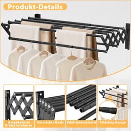 Dailygoods- Wanddroogrek roestvrij staal - Uittrekbaar 42-80 cm - Draagvermogen 26 kg - Zeven droogstangen - Ideaal voor binnen/buiten - Wasdroogrek — thumbnail 4