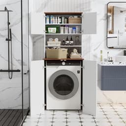Wasmachinekast - Hoge opbergkast - Badkamer Organiseren - Geluidsdempend Ontwerp - 68 x 68 x 170 cm - Walnoot Wit — thumbnail 5