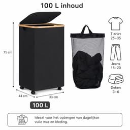 Vouwbaar - Wasmand met deksel - 100 liter met wielen en rem - Bamboe handvatten en afneembare zak - Geschikt voor badkamer, slaapkamer en wasruimte — thumbnail 2