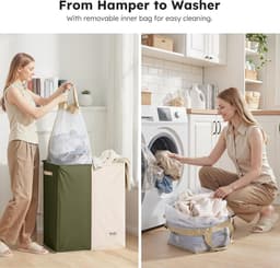 SnelShoppen - Wasmand 145 liter, wasverzamelaar met 2 vakken, deksel en 2 waszakken, groot XXXL, 2 x 72,5 l, groen + beige voor badkamer, slaapkamer, — thumbnail 3