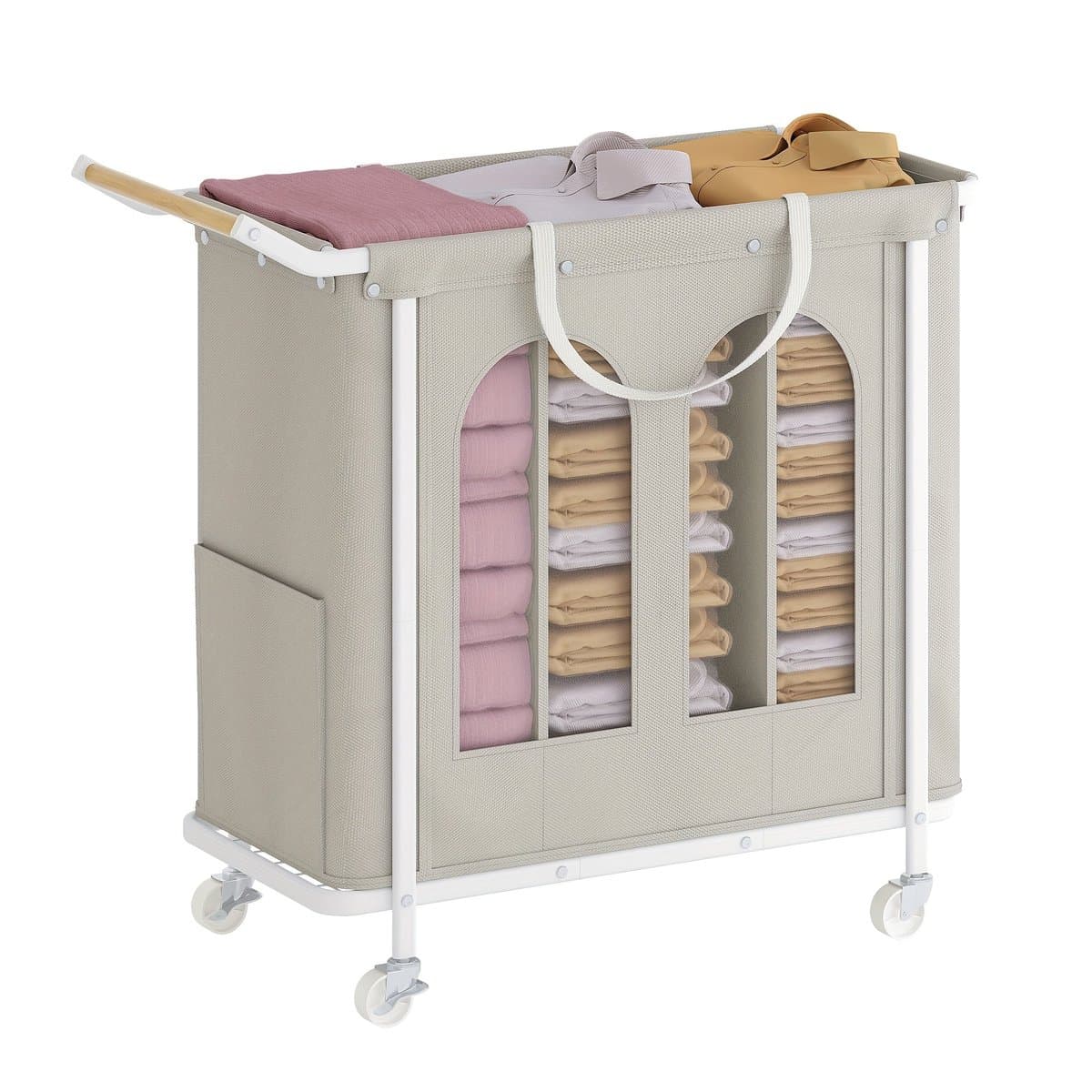 Home & Beyond® Wasmand op Wielen met 3 Vakken en Afneembare Ophangzak - Wassorteerder 185 L - Beige - 90 x 39 x 80 cm — afbeelding 1