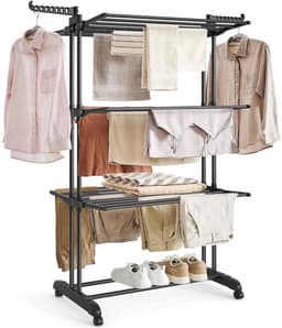 Casa Living Kledingdroger - 4-Laags Kledingrek Met Wielen - Opvouwbaar Design - Grote Capaciteit tot 35KG - 64x75x170CM - Zwart — thumbnail 1