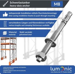 Lumonic 5x Heavy duty anker M8 x 95Gegalvaniseerd I Voor gebruik als metaalanker, boutanker, bliksemschichtanker I Voor diverse soorten doorsteekinsta — thumbnail 5